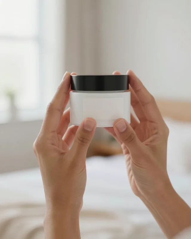 Hands holding a skincare jar toward the camera in a bright bedroom, face out of frame