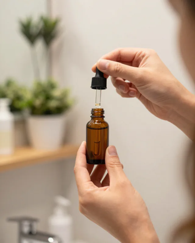 A hand holding a serum dropper near a bathroom mirror, face out of frame