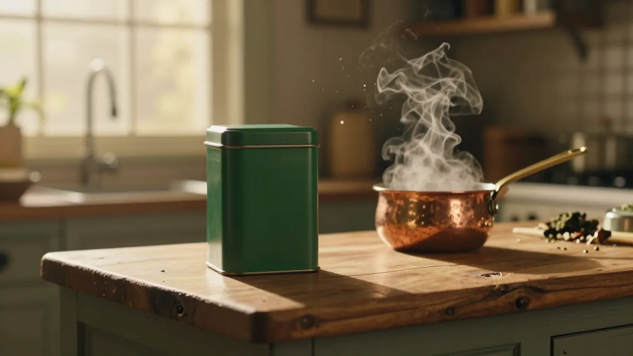 A cinematic still: a green tea tin on a kitchen counter with a copper pot of chai steaming in golden light