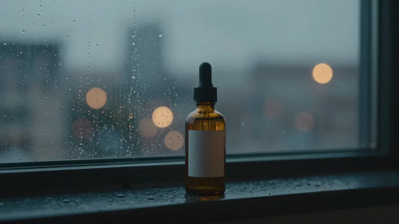 A cinematic still: a dropper bottle on a rain-streaked window ledge at dusk with city lights behind