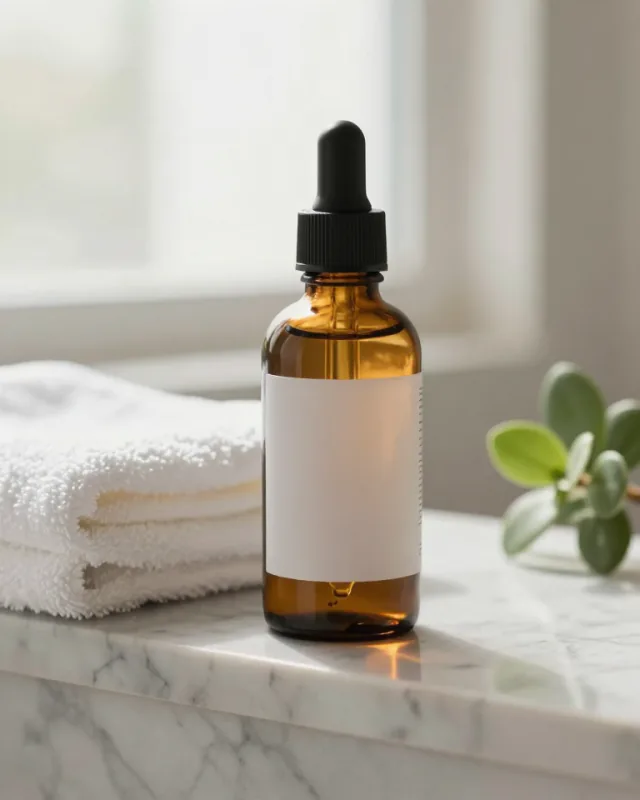 After: the same kind of bottle on a marble shelf in soft morning light