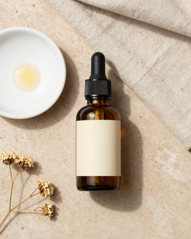 Flat lay of a serum bottle with a dish of serum and dried flowers