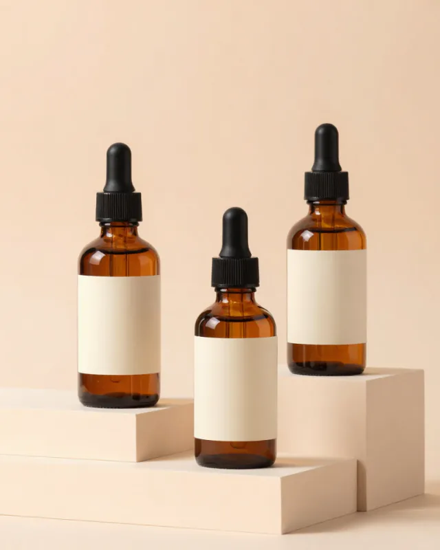 Three serum bottles on cream steps against a peach background